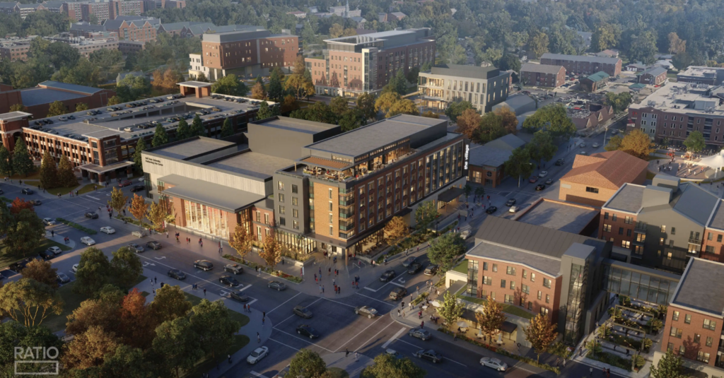 A rendering of the new Performing Arts Center and Cantio Hotel at Ball State’s University in Muncie, Ind., which will enrich art and culture and stimulate the local economy. The rendering shows the building in the center of a street with lights and nature surrounding it.